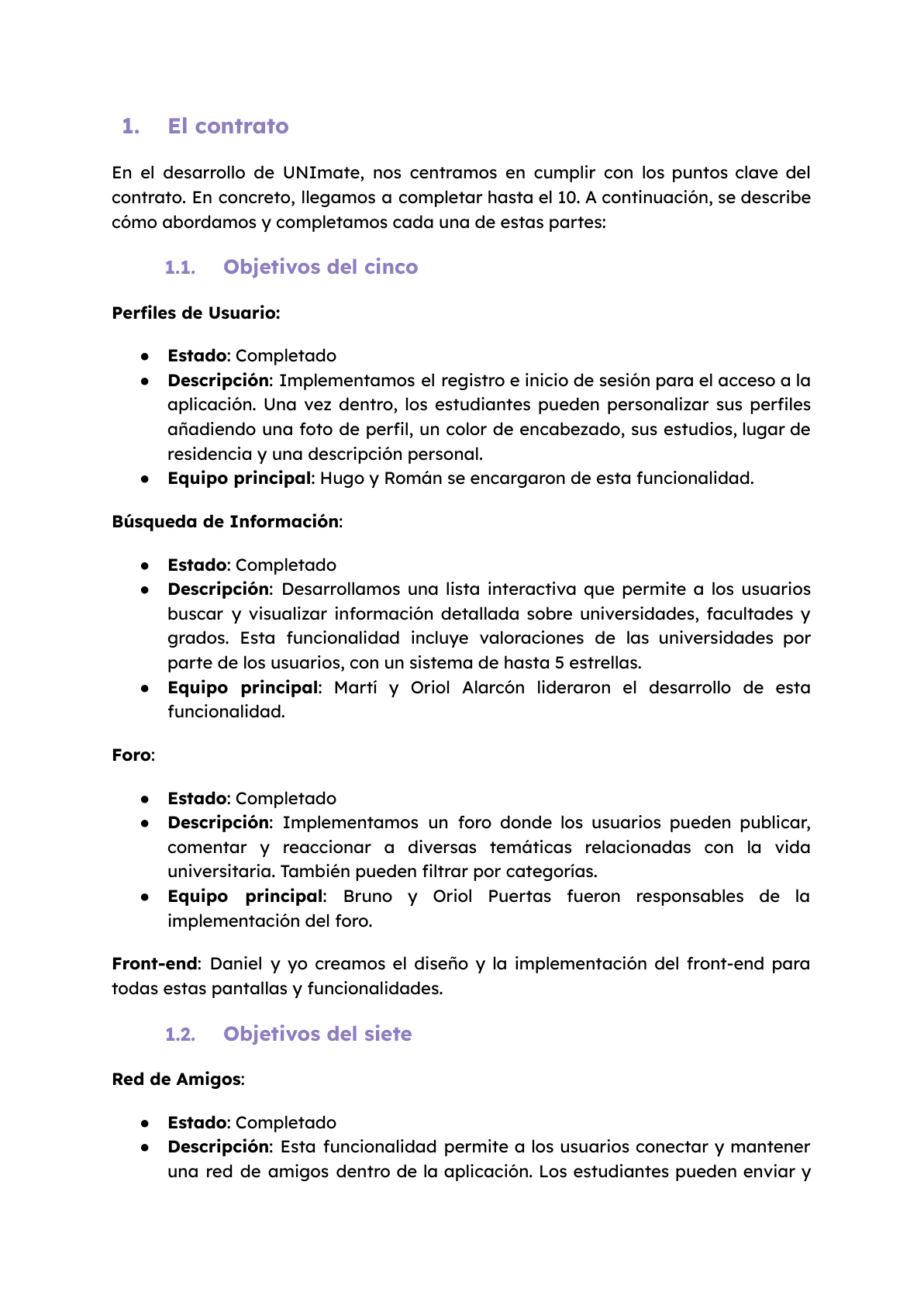 Pagina de la memoria de UNImate con objetivos y requisitos
